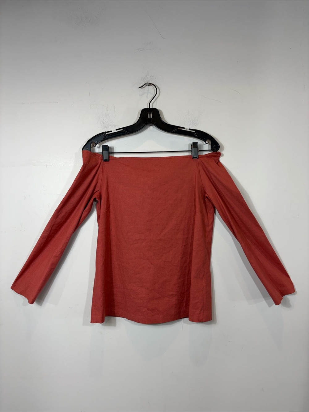 Theory Aprine Off Shoulder Linen Blend Top Medium Coral Pink Zip Back - Picture 2 of 7